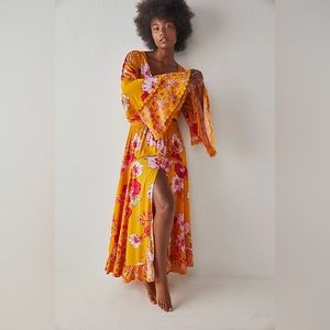 Free People Penny Yellow Floral Maxi Dress with Pink & Red Blossoms